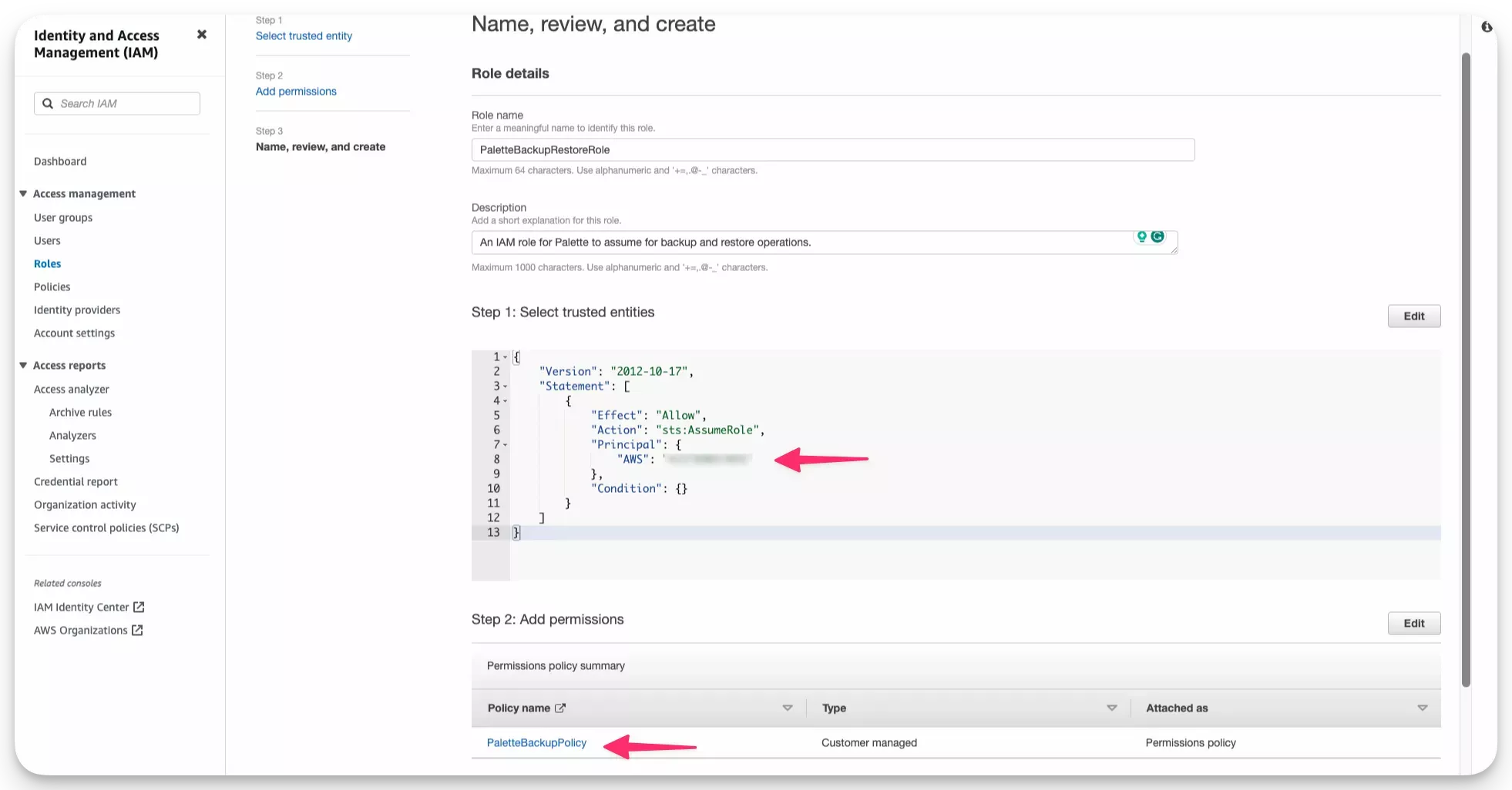 A view of the IAM Role creation summary screen