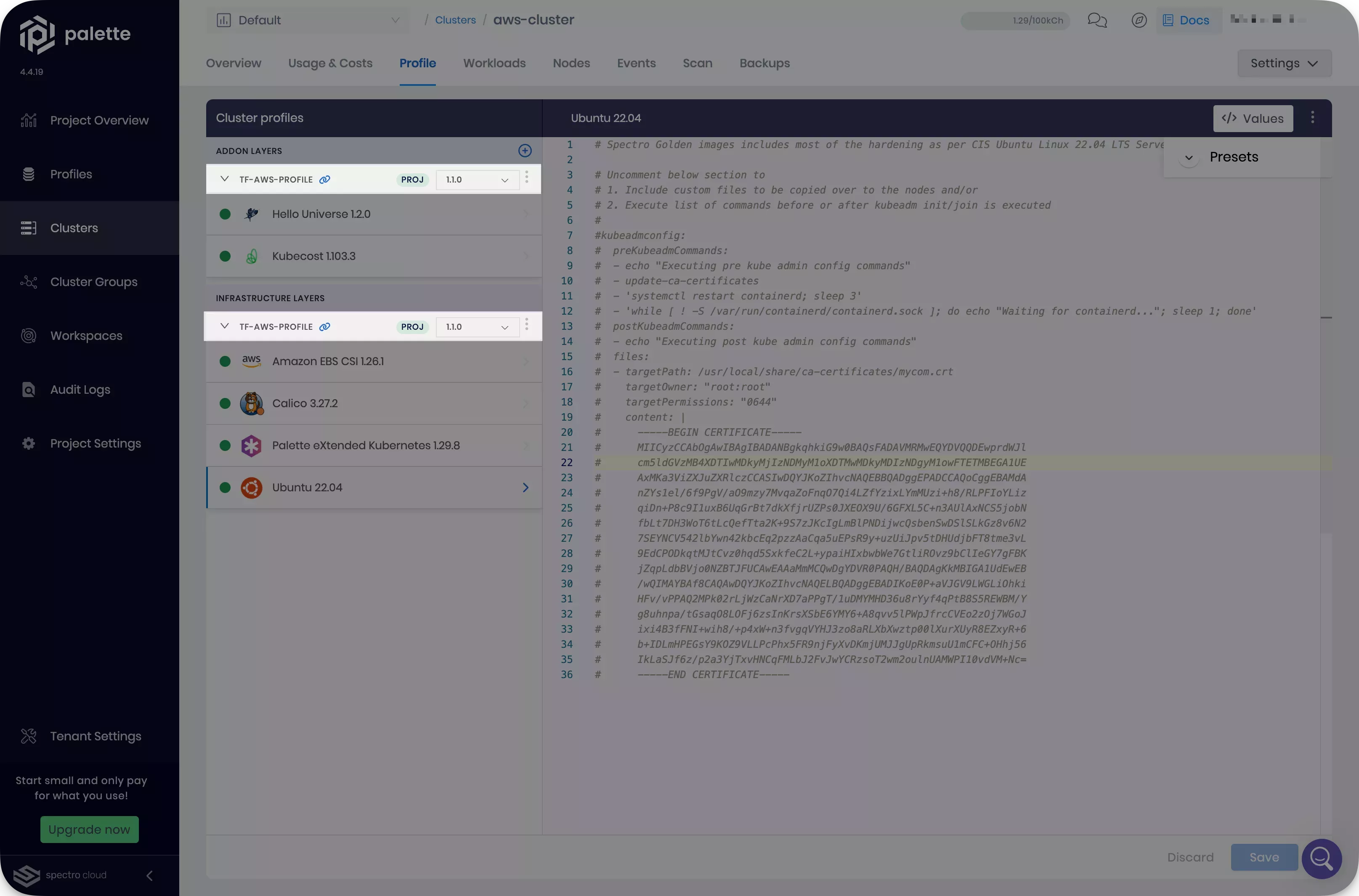 Image that shows the new cluster profile version with Kubecost