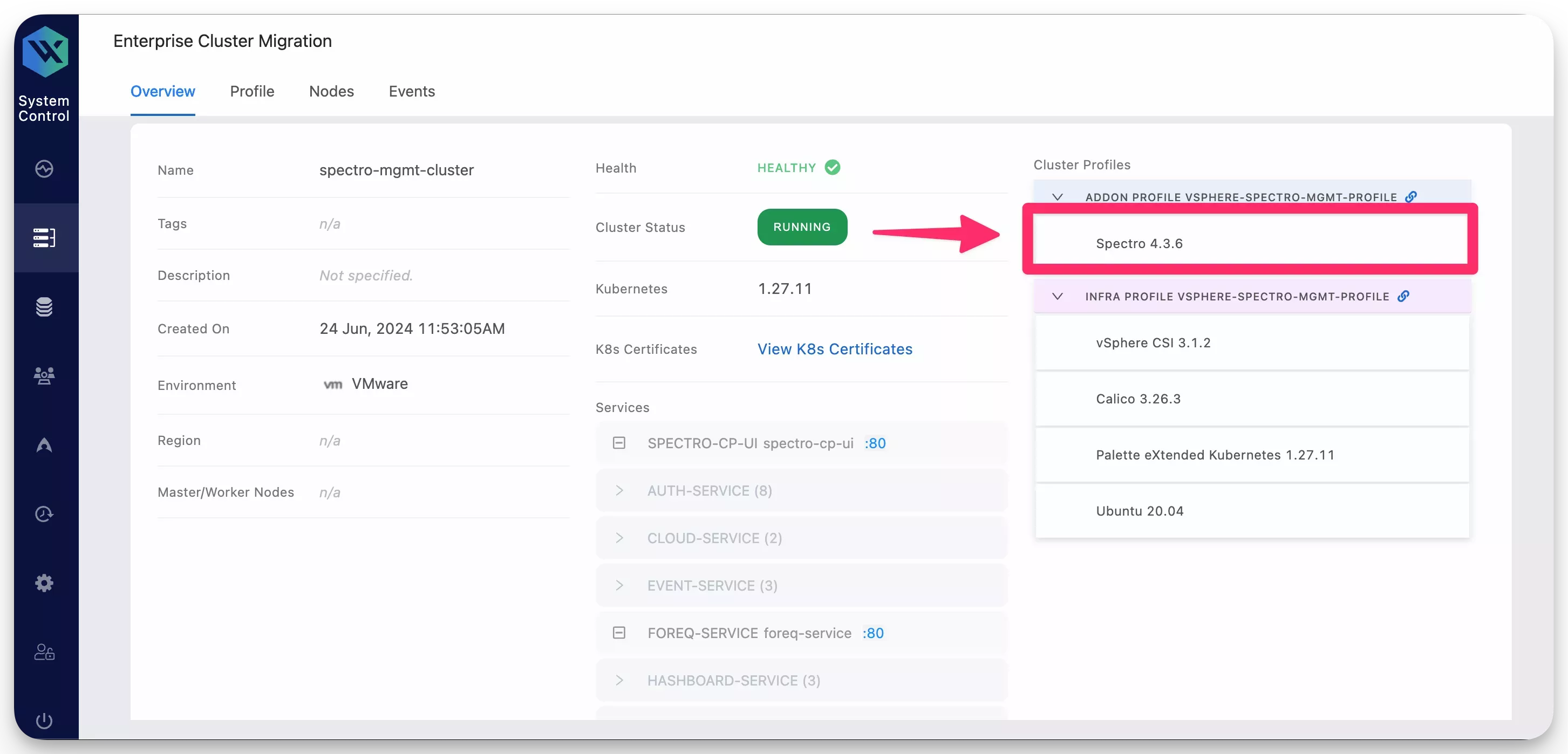 A view of the Spectro pack in the System Profiles page