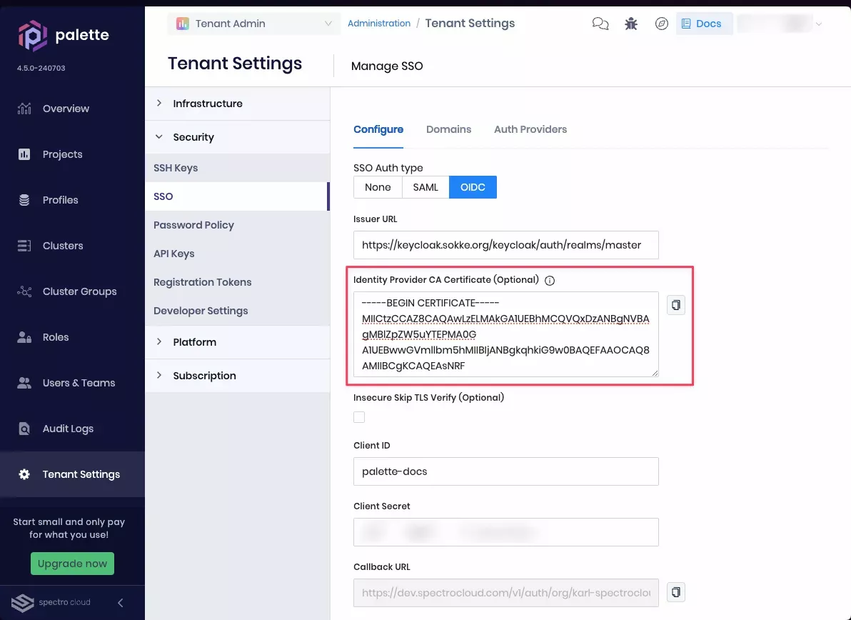 Palette that displays the OIDC configuration under SSO settings in the Tenant Settings menu. The Custom CA Certification field is highlighted.