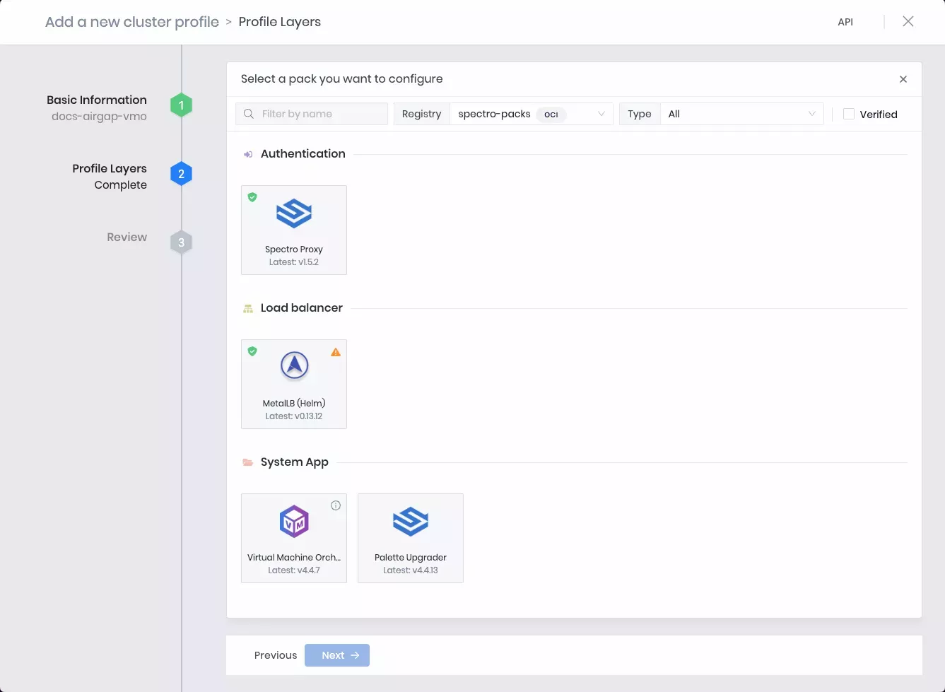 Profile creation view with the uploaded packs for a self-hosted tenant.